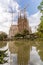 Sagrada Familia and it\'s reflection in a pond on a pleasant winter day, Barcelona City, Spain