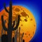 Saguaro Cactus against moon. Night scene. Vector illustration.
