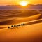 Sahara Desert Dunes and Camel Train at Sunrise