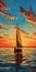 Sail Boat Sailing At Sunset Vector Illustration