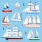 Sail boat. Transportation sailboat for water sailboat race. Flat luxury sailing vector illustration set