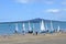 Sail boats on Narrow Neck Beach against Rangitoto island Auckland