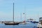 Sail boats and passenger ferry New Harbor, Block Island, Rhode Island.