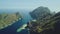 Sail boats, yacht at ocean bay of green mount island aerial view. Water transport at tropical gulf