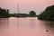 Sail ship at evening sunset on waters of Eernewoude in Friesland