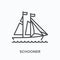 Sail ship flat line icon. Vector outline illustration of yacht, boat, sea transportation. Schooner thin linear pictogram