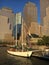 Sail ship in front of sky line Manhattan, New York
