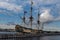 Sail Ship `Poltava` on embankment of Neva river. Sankt-Peterburg, Russia - `Poltava` it is historical reconstruction of 54-gu