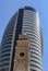 Sail Tower with old cathedral, downtown, Haifa bay