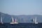 Sail Yacht racing in the Mediterranean sea in Turkey. Several sailing yachts in a beautiful bay.