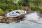 A sailboat is beached and damaged by Hurricane - the Gosier in G