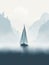 A sailboat beckoning from the misty coastline.. AI generation