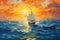 Sailboat boat at sunset on the ocean oil paint thick illustration. Ai generative