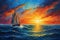 Sailboat boat at sunset on the ocean oil paint thick illustration. Ai generative