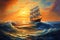 Sailboat boat at sunset on the ocean oil paint thick illustration. Ai generative