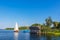 Sailboat and boathouse at the lake Schaalsee in Seedorf, Germany