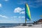 Sailboat catamaran on sandy beach