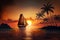 sailboat cruising past lush, tropical island sunset