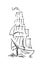 Sailboat floats on waves. Big ship. Front view. Outline sketch. Hand drawing isolated on white background. Vector