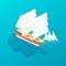 Sailboat frigate for traveling, ship for transporting people and goods.