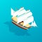 Sailboat frigate for traveling, ship for transporting people and goods.