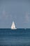 Sailboat glides across the bright blue ocean