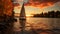 Sailboat glides on tranquil water under sunset sky generated by AI