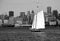 Sailboat on Hudson River in urban context, Manhattan