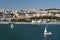 Sailboat on Lisboa Tagus River, waterfront and cityscape. Vacation, leisure, travel concept.