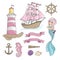 SAILBOAT MERMAID Sea Travel Color Vector Illustration Set for Print, Birthday