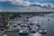 Sailboat moorings and docks on azure blue Spa Creek, in historic downtown Annapolis