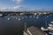 Sailboat moorings and docks on azure blue Spa Creek, in historic downtown Annapolis