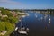 Sailboat moorings and docks on azure blue Spa Creek, in historic downtown Annapolis