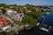 Sailboat moorings and docks on azure blue Spa Creek, in historic downtown Annapolis