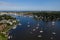 Sailboat moorings and docks on azure blue Spa Creek, in historic downtown Annapolis