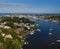 Sailboat moorings and docks on azure blue Spa Creek, in historic downtown Annapolis