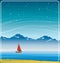 Sailboat, mountain, lake and night sky.