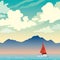 Sailboat, mountains, sea and cloudy sky.