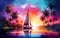 Sailboat near the palm island at sunset, multicolor painting.