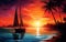 Sailboat near the palm island at sunset, multicolor painting.