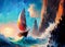 Sailboat near the rocks at the sunset, sailing ship in ocean at sea storm, digital painting