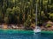 Sailboat off the coast on a sunny day in the Ionian Sea on the island of Kefalonia in Greece