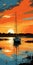 Sailboat Painting In Dark Orange And Light Black - Rural Landscapes And Graphic Illustrations