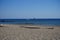 Sailboat, pedal catamaran and motorboat in the Mediterranean off the coast of the island of Rhodes. Kolympia, Greece