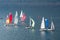 Sailboat regatta race with colorful spinnaker sails at lake Luga