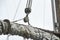 Sailboat ropes wooden pulley rigs. Part of a sail boat. Close-up view of sailboat ropes, pulleys and ropes on the mast, Yachting s