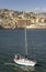 Sailboat sailing in Genoa Harbor, Genoa, Italy, Europe