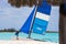 Sailboat on the sandy beach of the Playa Paradise of the island of Cayo Largo, Cuba. Copy space for text.