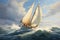 Sailboat in the sea. 3D illustration. Vintage style, sail boat on rough water, AI Generated