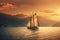 Sailboat in the sea in the evening sunlight over beautiful big mountains background. Generative AI